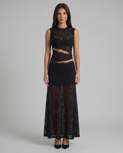 Black lace two-piece set with sleeveless high neck top and sheer maxi skirt, front view