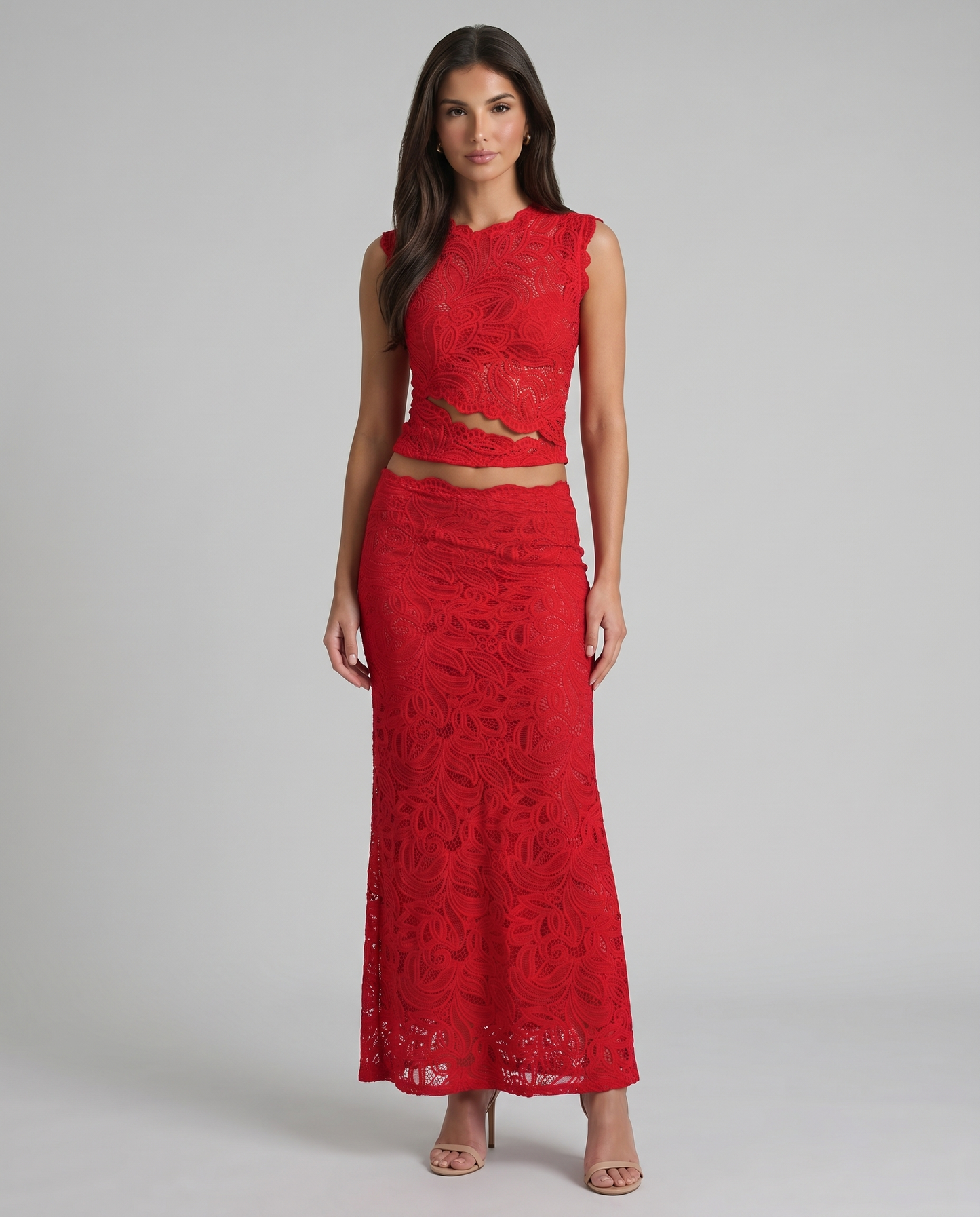 Red lace two-piece set with sleeveless crop top and high-waist maxi skirt, front view