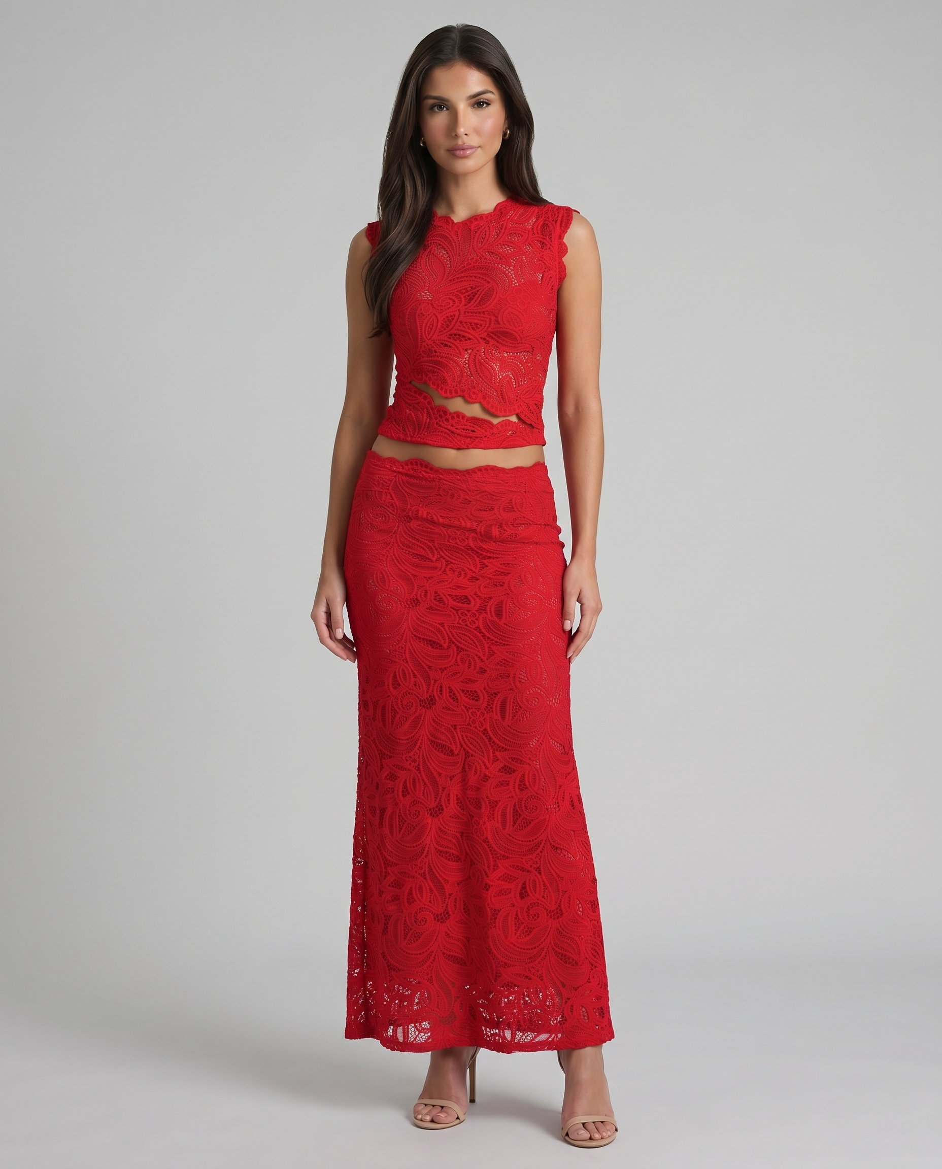 Red lace two-piece set with sleeveless crop top and high-waist maxi skirt, front view