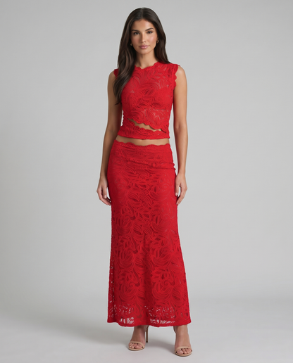 Red lace two-piece set with sleeveless crop top and high-waist maxi skirt, front view