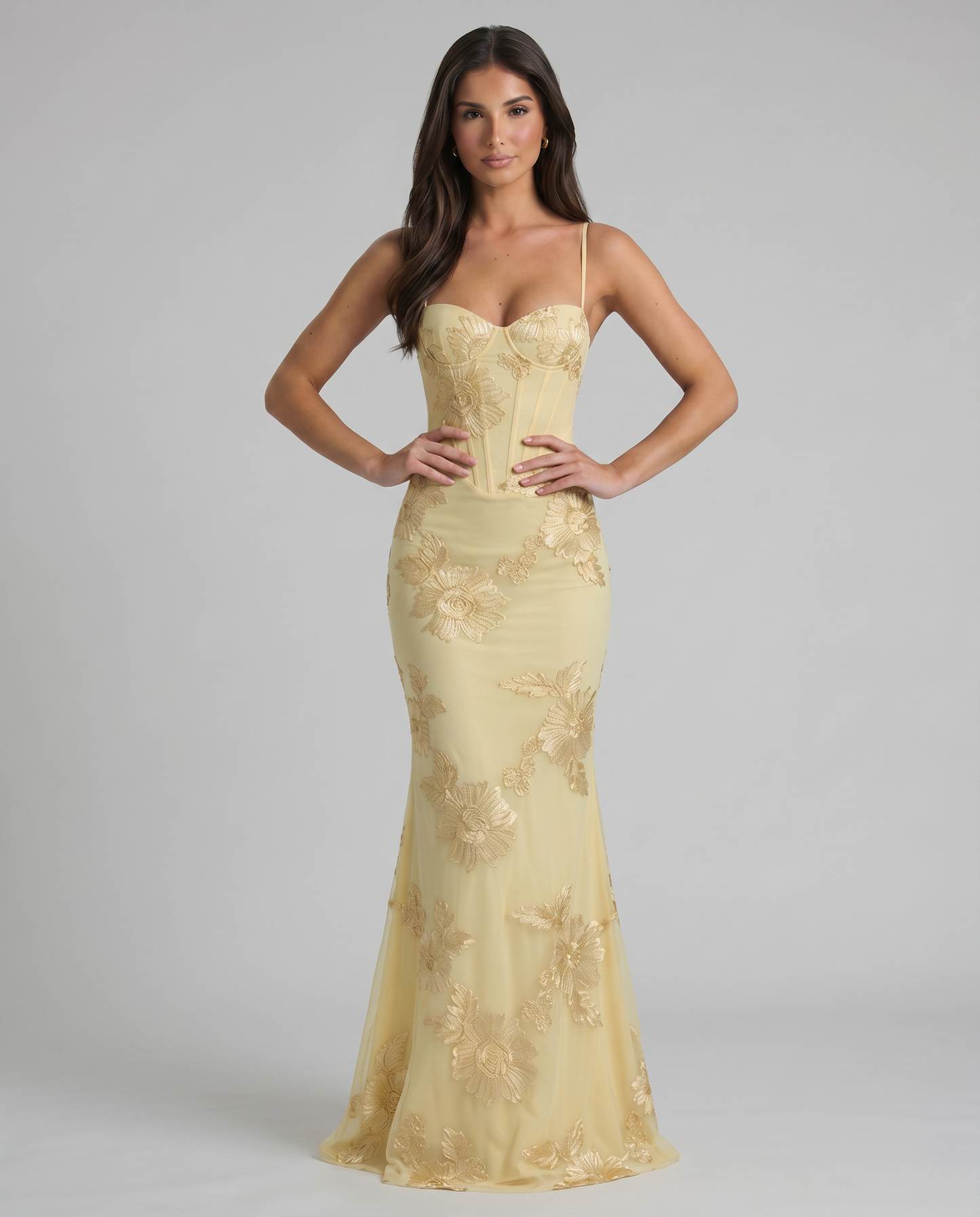 Yellow maxi dress with corset bodice and tonal floral embroidery, front full-length view