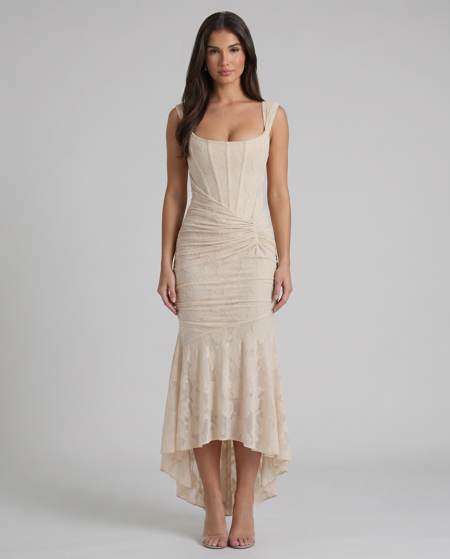 Beige lace corset maxi dress with square neckline, ruched waist and high-low hem, front view