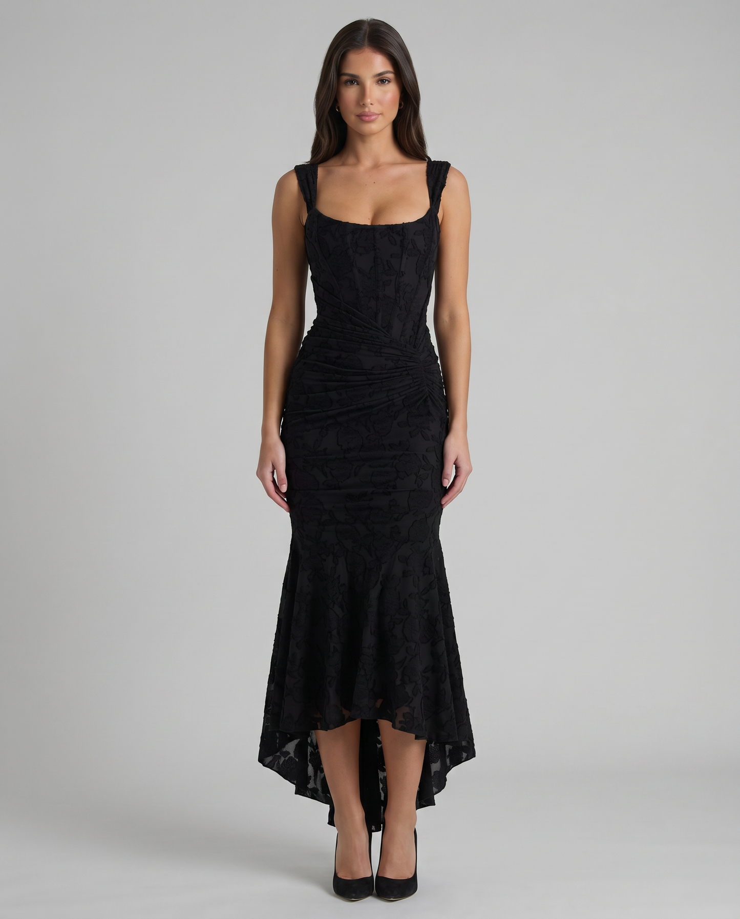 Black corset maxi dress front view with square neckline, wide straps, ruched waist and high-low hem