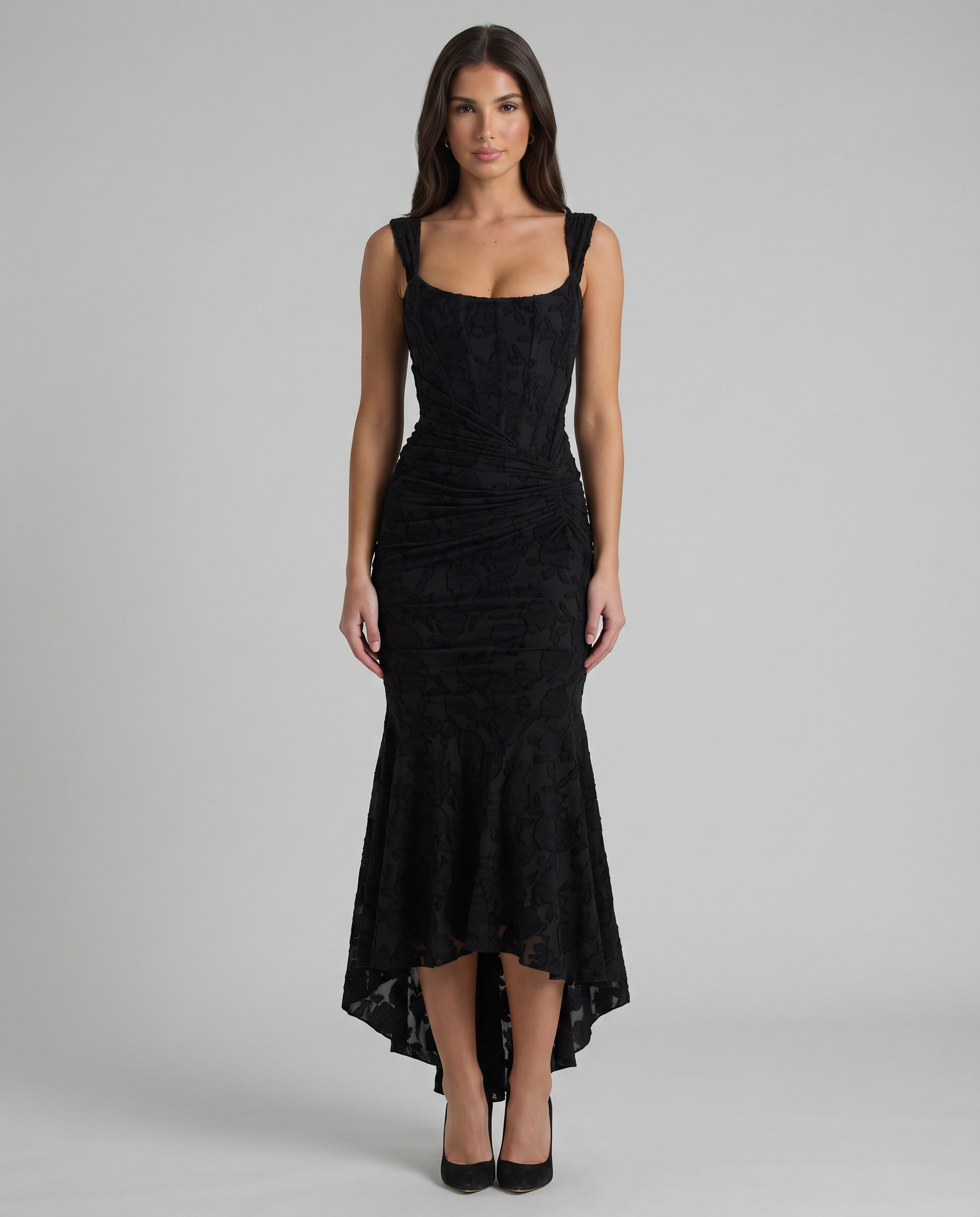 Black corset maxi dress front view with square neckline, wide straps, ruched waist and high-low hem