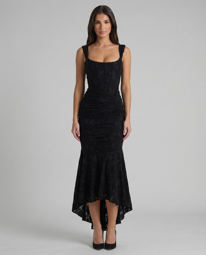 Black corset maxi dress front view with square neckline, wide straps, ruched waist and high-low hem