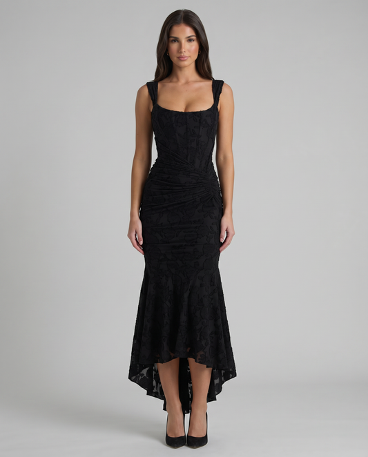Black corset maxi dress front view with square neckline, wide straps, ruched waist and high-low hem