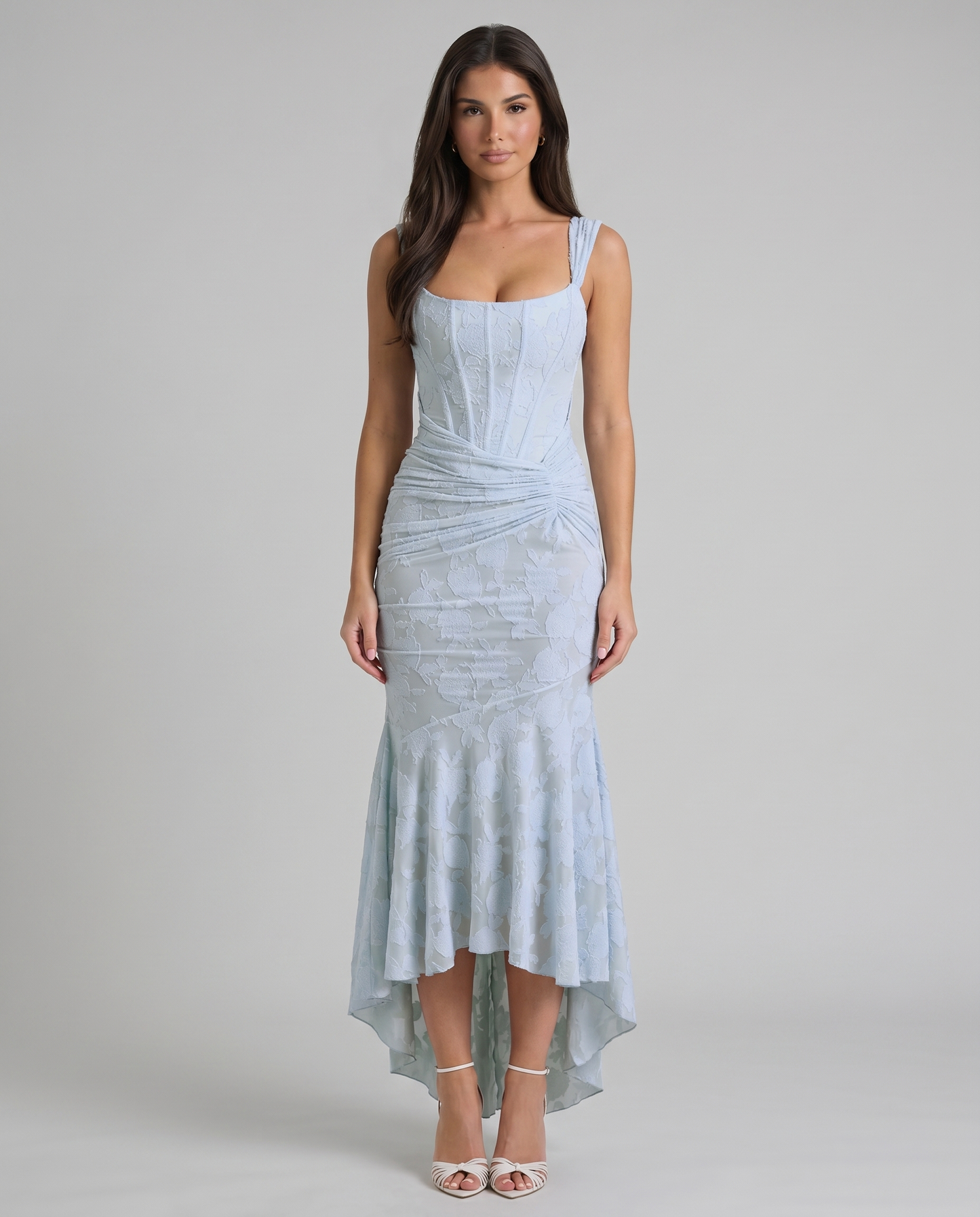 Light blue corset maxi dress with square neckline, wide straps, floral texture and ruched waist