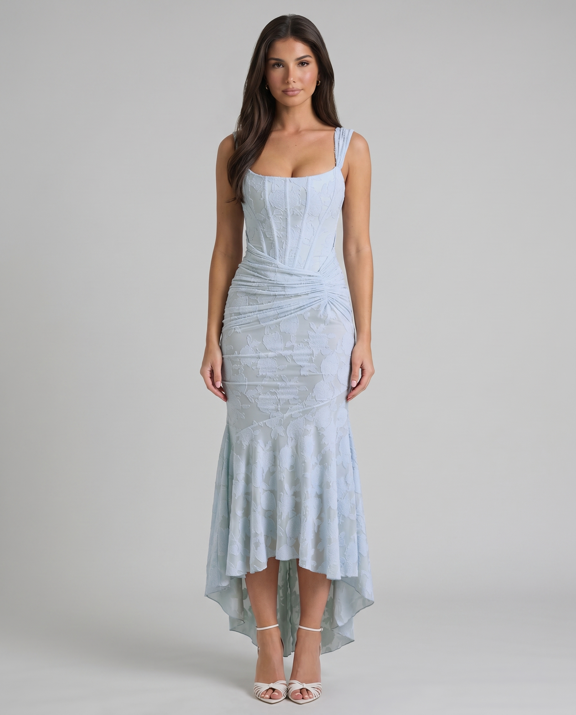 Light blue corset maxi dress with square neckline, wide straps, floral texture and ruched waist