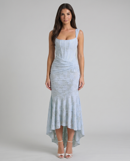 Light blue corset maxi dress with square neckline, wide straps, floral texture and ruched waist