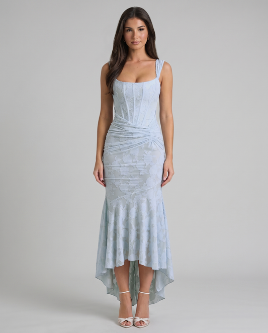 Light blue corset maxi dress with square neckline, wide straps, floral texture and ruched waist