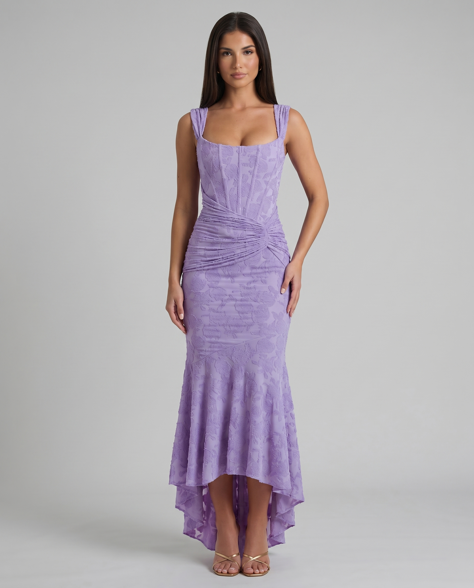 Purple corset maxi dress with square neckline, wide straps, ruched waist knot and high-low hem