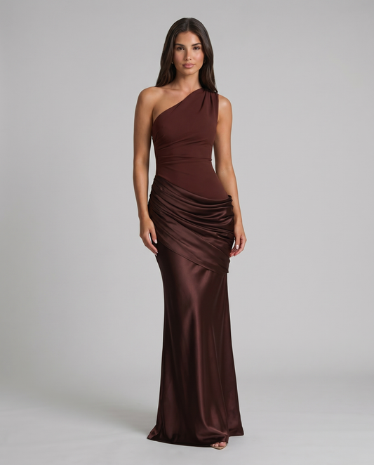 Brown one-shoulder satin maxi dress with draped hip ruching, full length front view