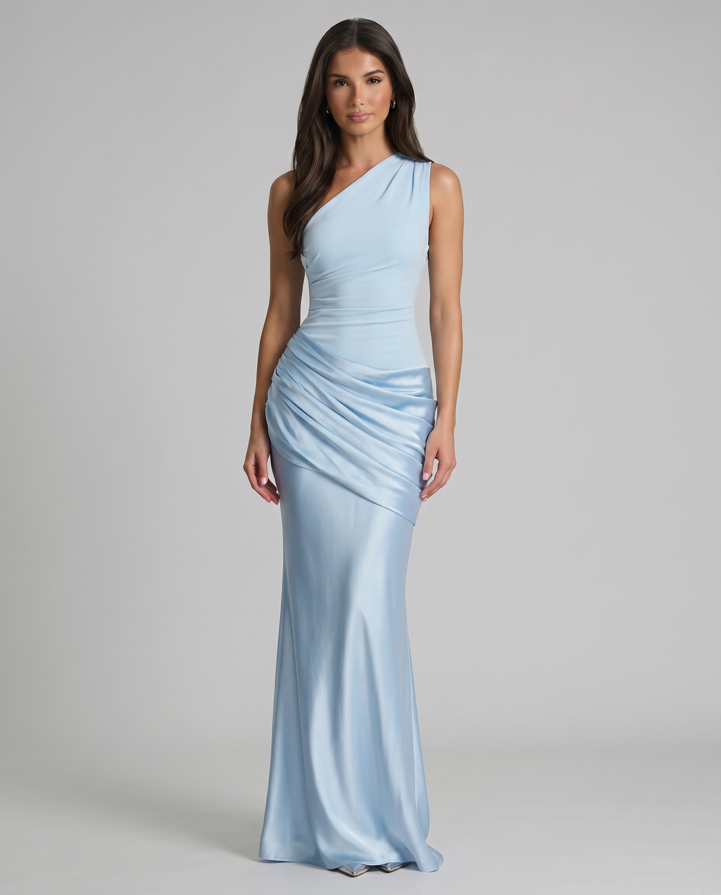 Glacier blue one-shoulder maxi dress with ruched satin hip drape and floor-length skirt