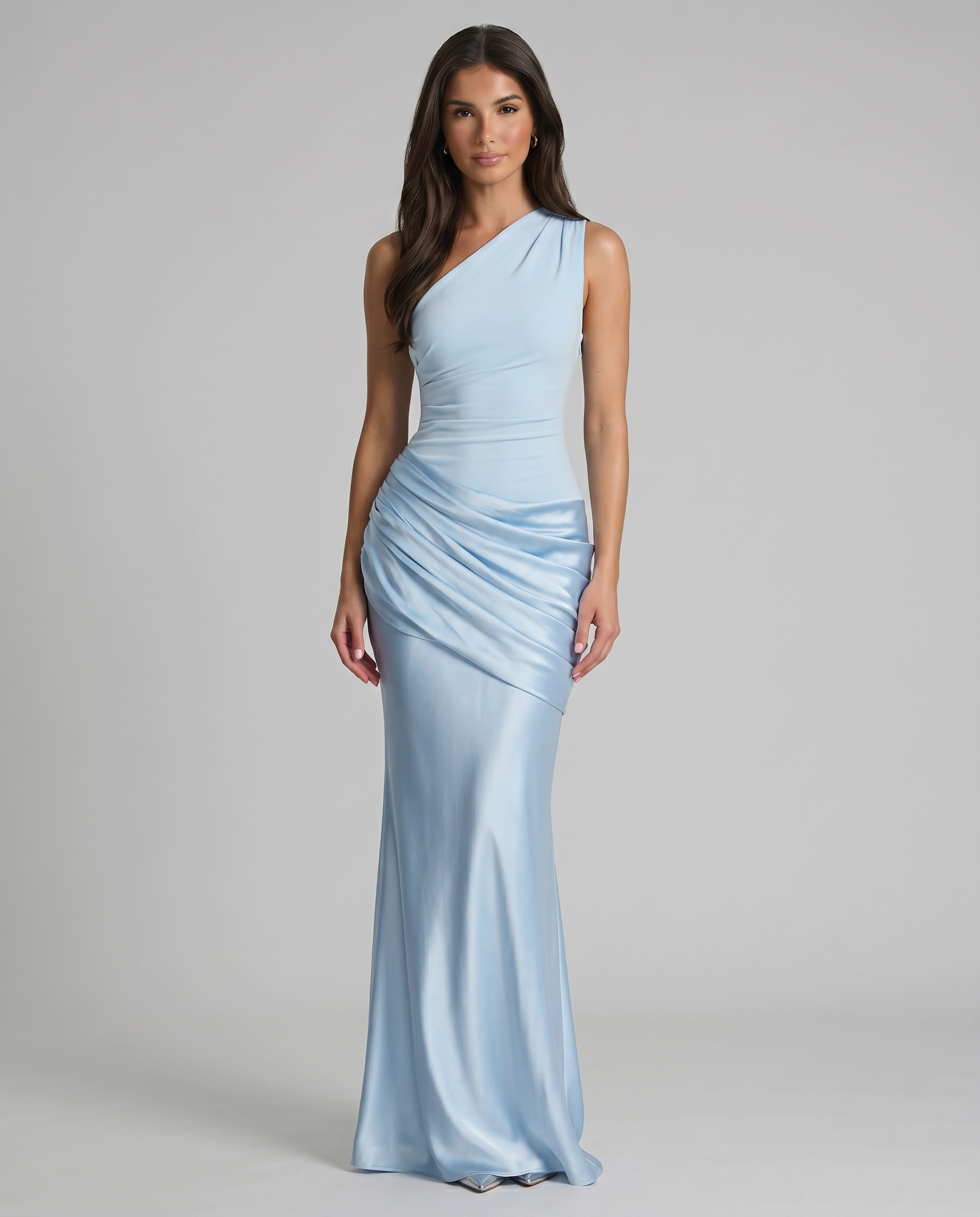 Glacier blue one-shoulder maxi dress with ruched satin hip drape and floor-length skirt