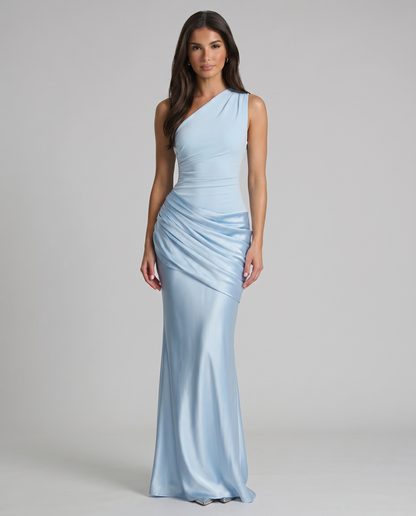 Glacier blue one-shoulder maxi dress with ruched satin hip drape and floor-length skirt