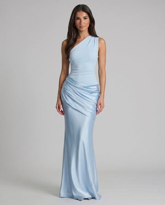 Glacier blue one-shoulder maxi dress with ruched satin hip drape and floor-length skirt