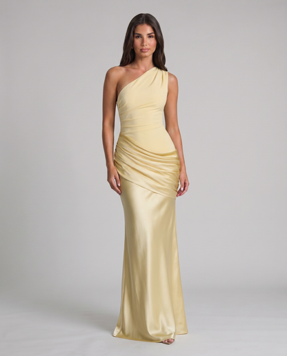Yellow one-shoulder maxi dress with ruched hip drape and floor-length skirt, front view
