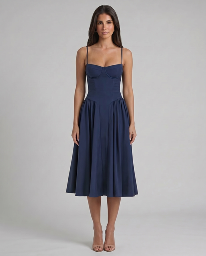 Blue midi dress with spaghetti straps and bustier bodice, front full-length view with flared skirt