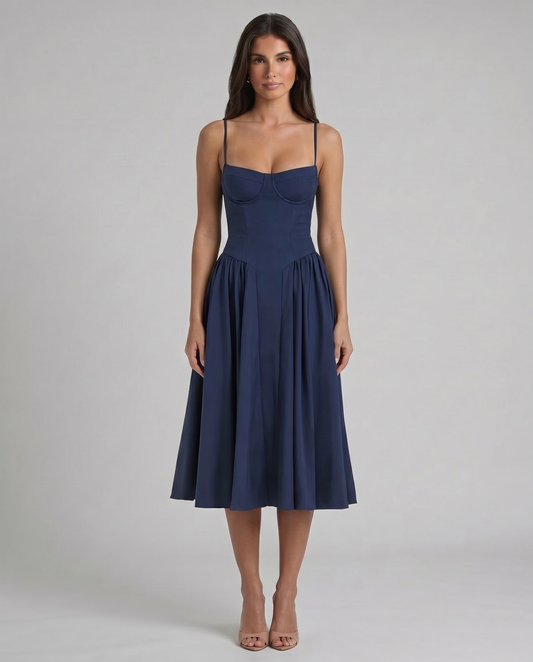 Blue midi dress with spaghetti straps and bustier bodice, front full-length view with flared skirt