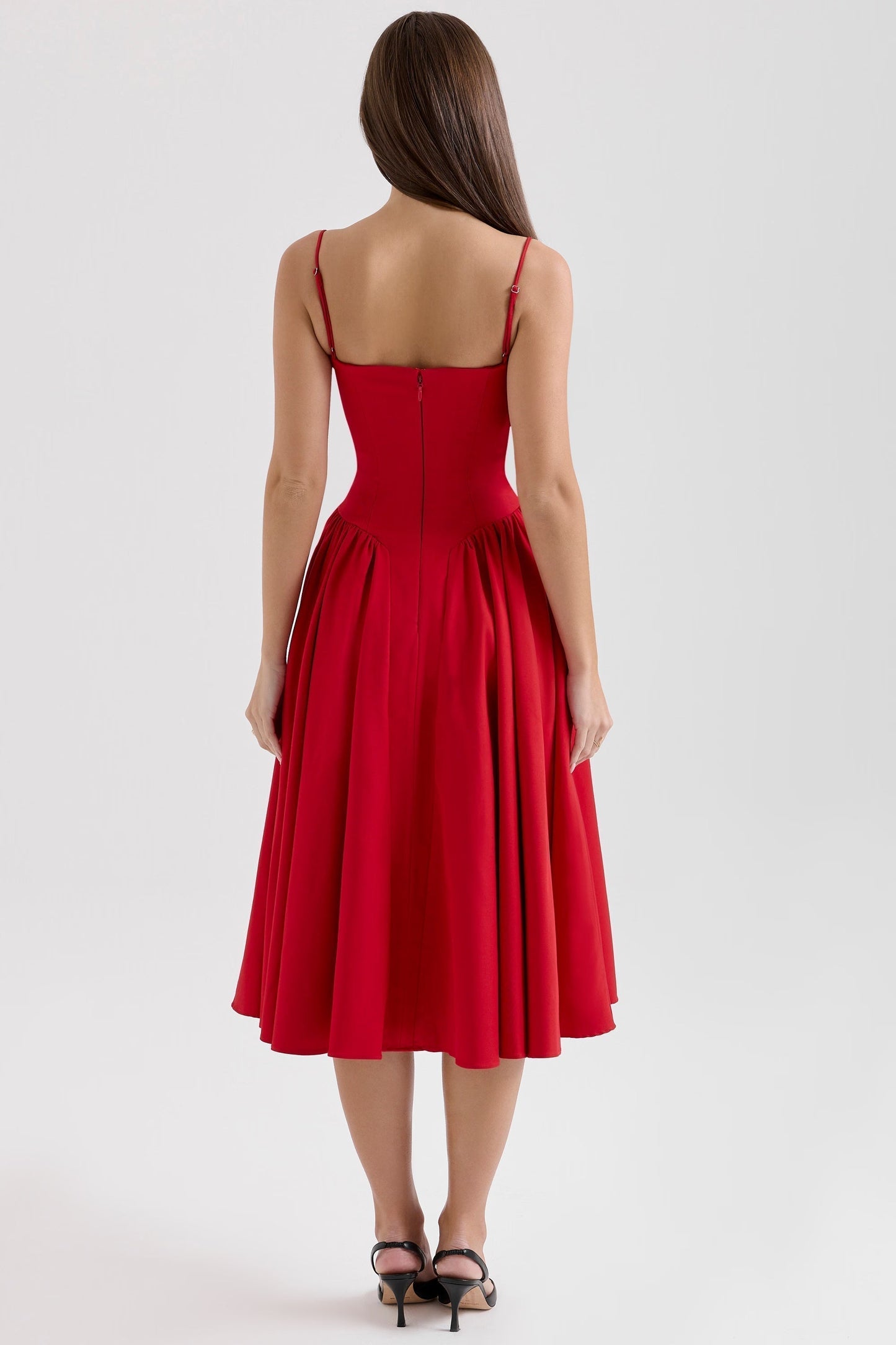 Red midi dress back full-length shot highlighting slim fit waist, gathered skirt panels and zip