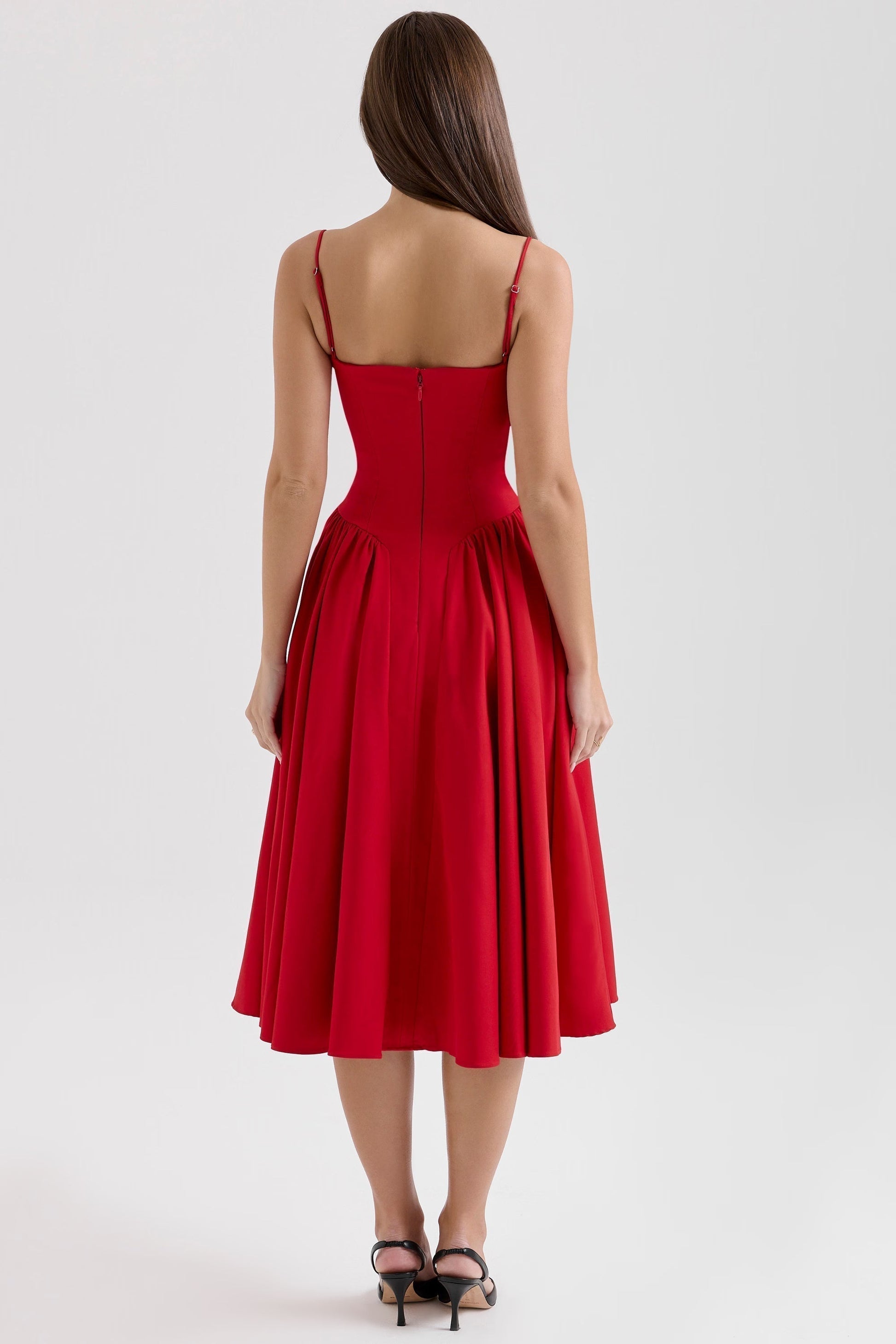 Red midi dress back full-length shot highlighting slim fit waist, gathered skirt panels and zip