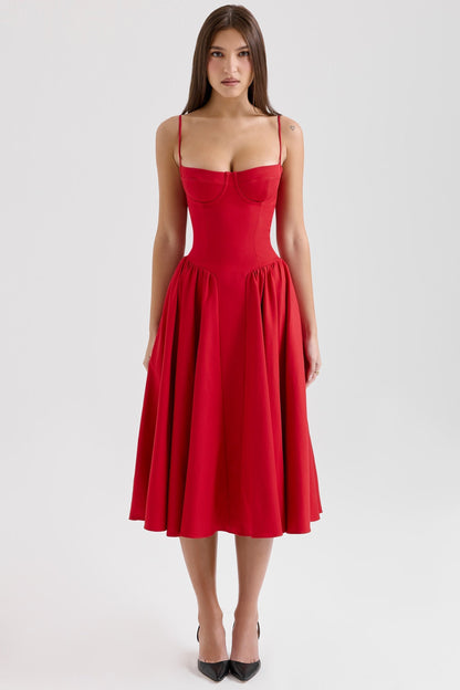 Red midi dress with spaghetti straps, corset bodice and flared skirt, front full-length view