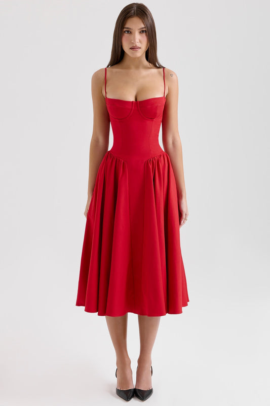 Red midi dress with spaghetti straps, corset bodice and flared skirt, front full-length view
