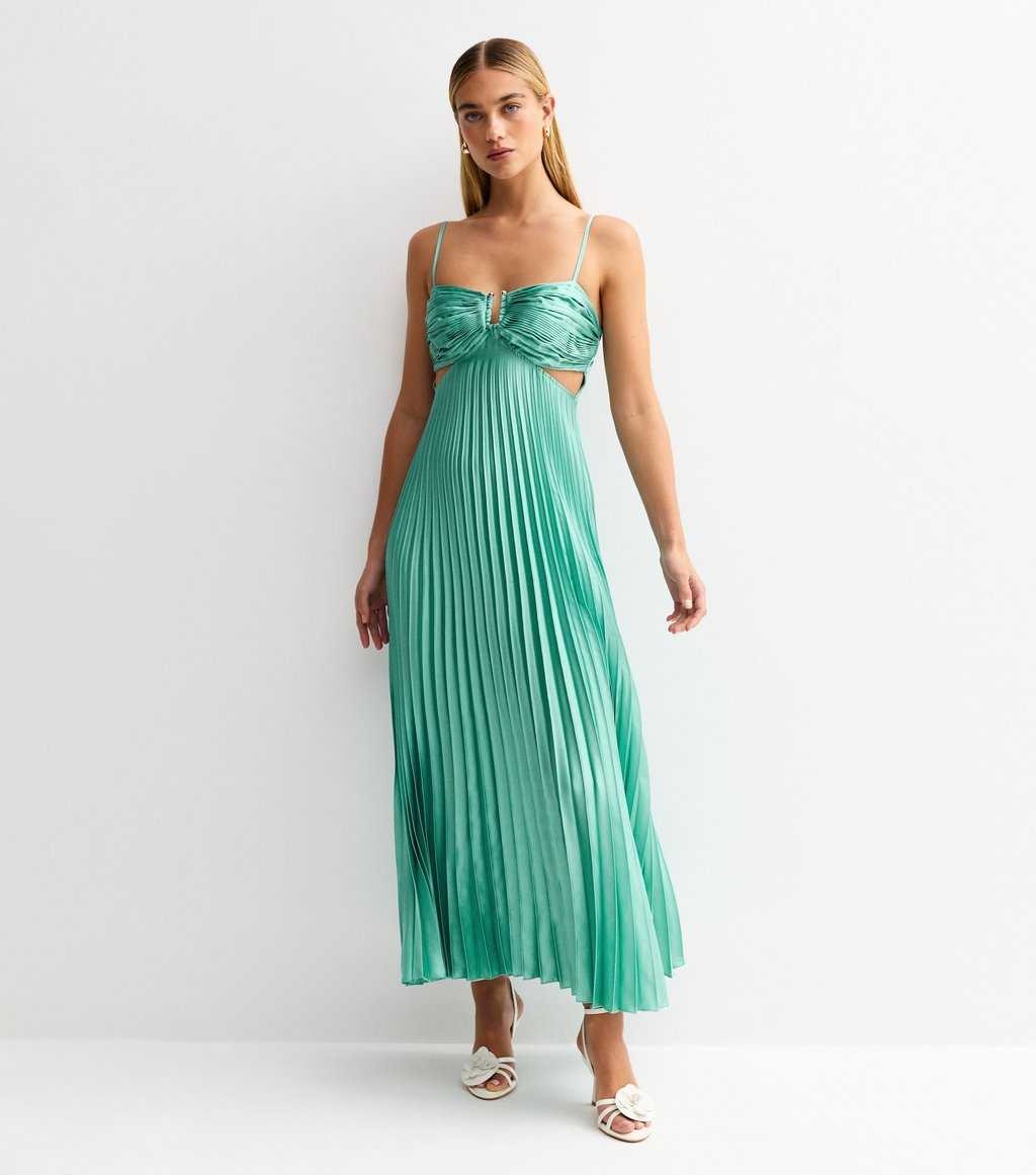 Aqua blue satin plisse cut out midi dress front view with flowing pleated skirt to mid-calf