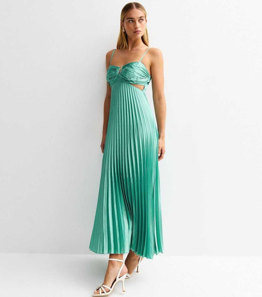 Aqua blue satin plisse cut out midi dress, ruched bust with straps, front full length