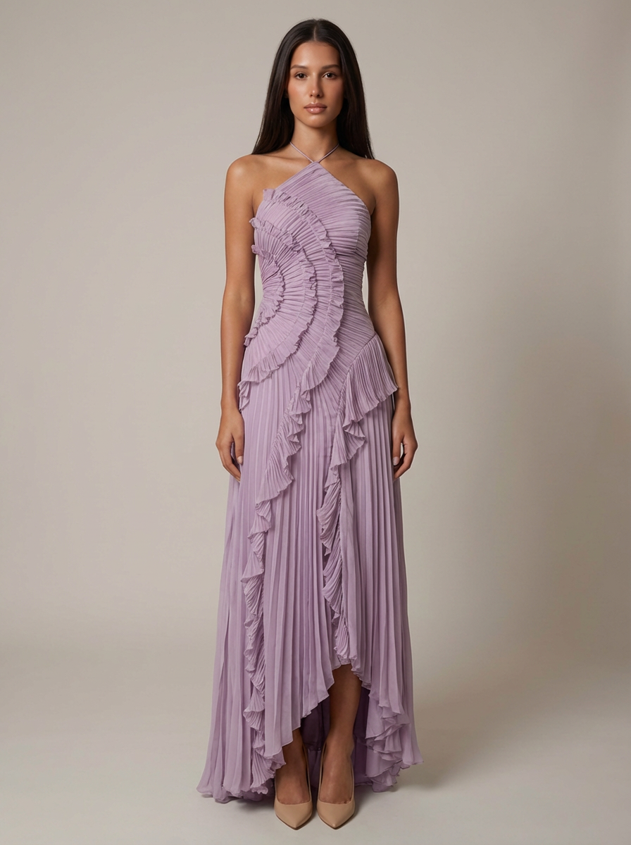 Lavender purple pleated halter maxi dress with cascading ruffle front and high-low hem
