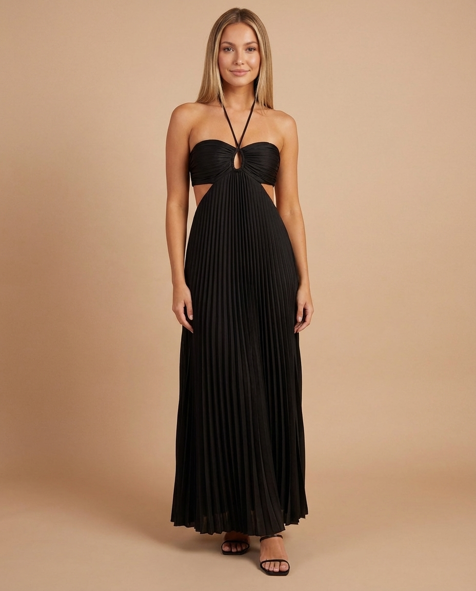 Black pleated maxi dress with halter neckline, keyhole cutout bodice and side cutouts, front view