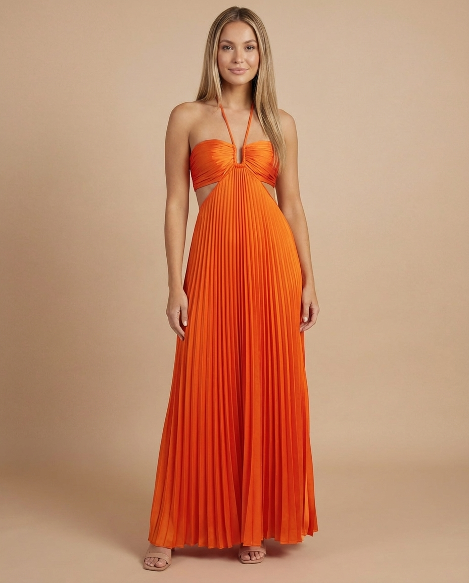 Orange pleated halter maxi dress with ruched bandeau bodice and side cutouts, front view