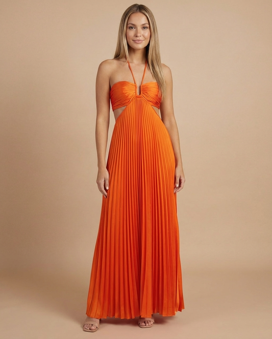 Orange pleated halter maxi dress with ruched bandeau bodice and side cutouts, front view