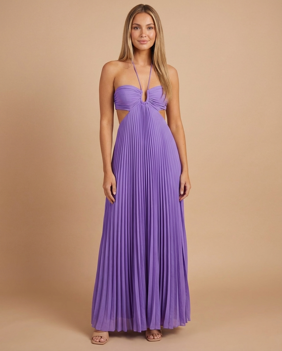 Full-length front view of purple halter maxi dress with side cutouts and flowy pleated skirt