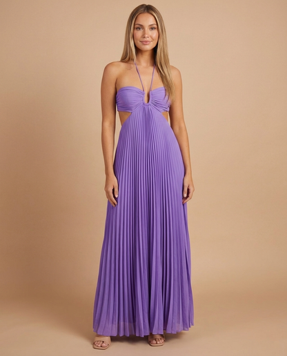 Purple pleated maxi dress with halter neckline, ruched bust and front keyhole cutout