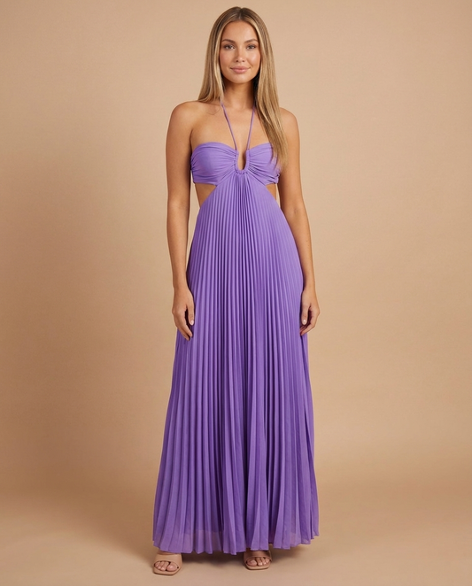 Purple pleated maxi dress with halter neckline, ruched bust and front keyhole cutout