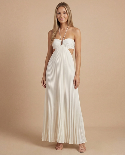 White Sienna maxi dress with halter strap, bandeau bodice, side cutouts, and pleated skirt