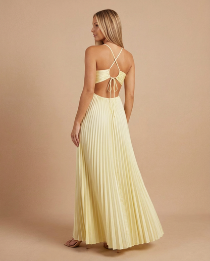 Back view of yellow pleated maxi dress with crisscross straps, open back and adjustable tie detail