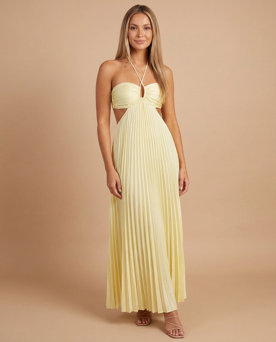 Yellow pleated maxi dress with halter strap, ruched bandeau bodice and side cutouts, front view