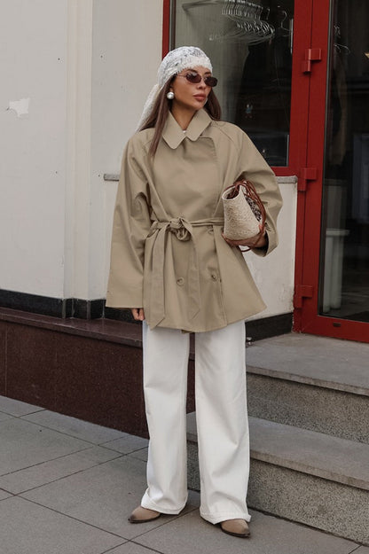 Women beige short trench coat with pointed collar and tie belt