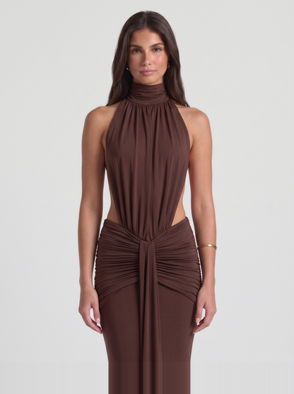 Tiffany Halter Maxi Dress – Brown
