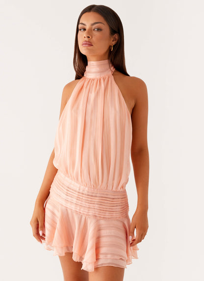Women light blue halter neck mini dress with open back and ruffle hem