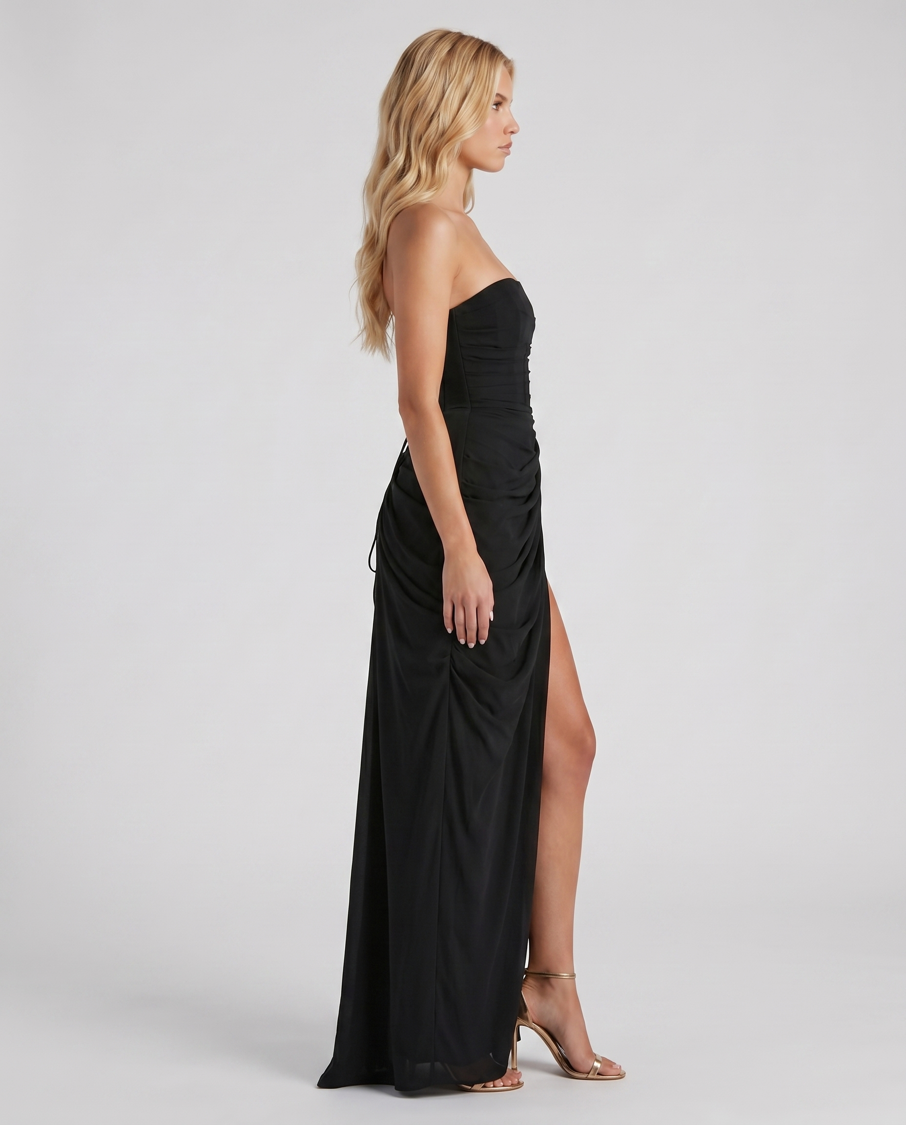 Women's black sloane strapless maxi dress, side view
