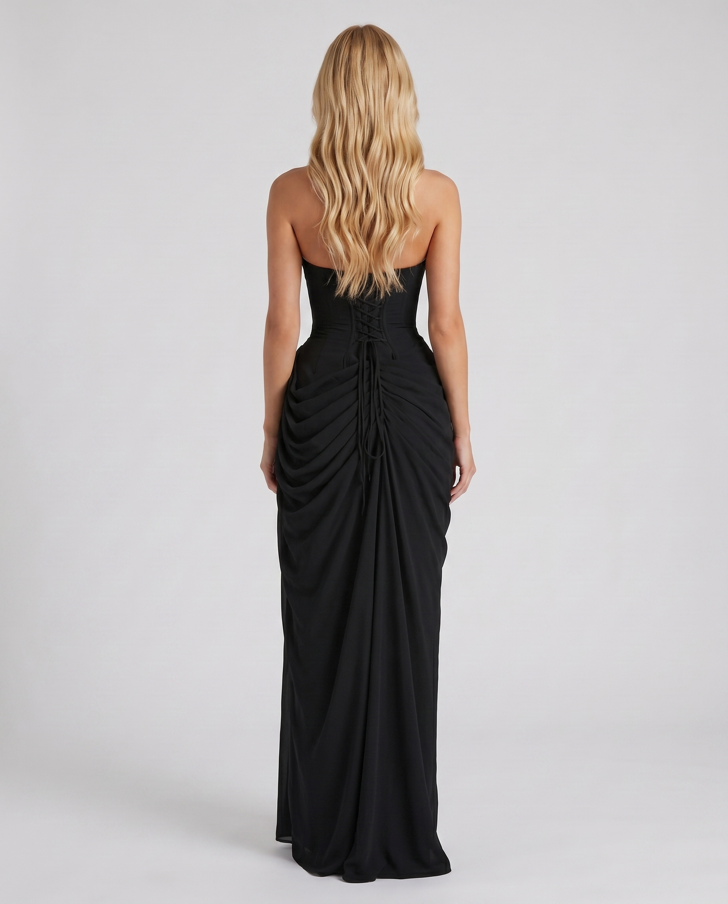 Women's black sloane strapless maxi dress, detail view