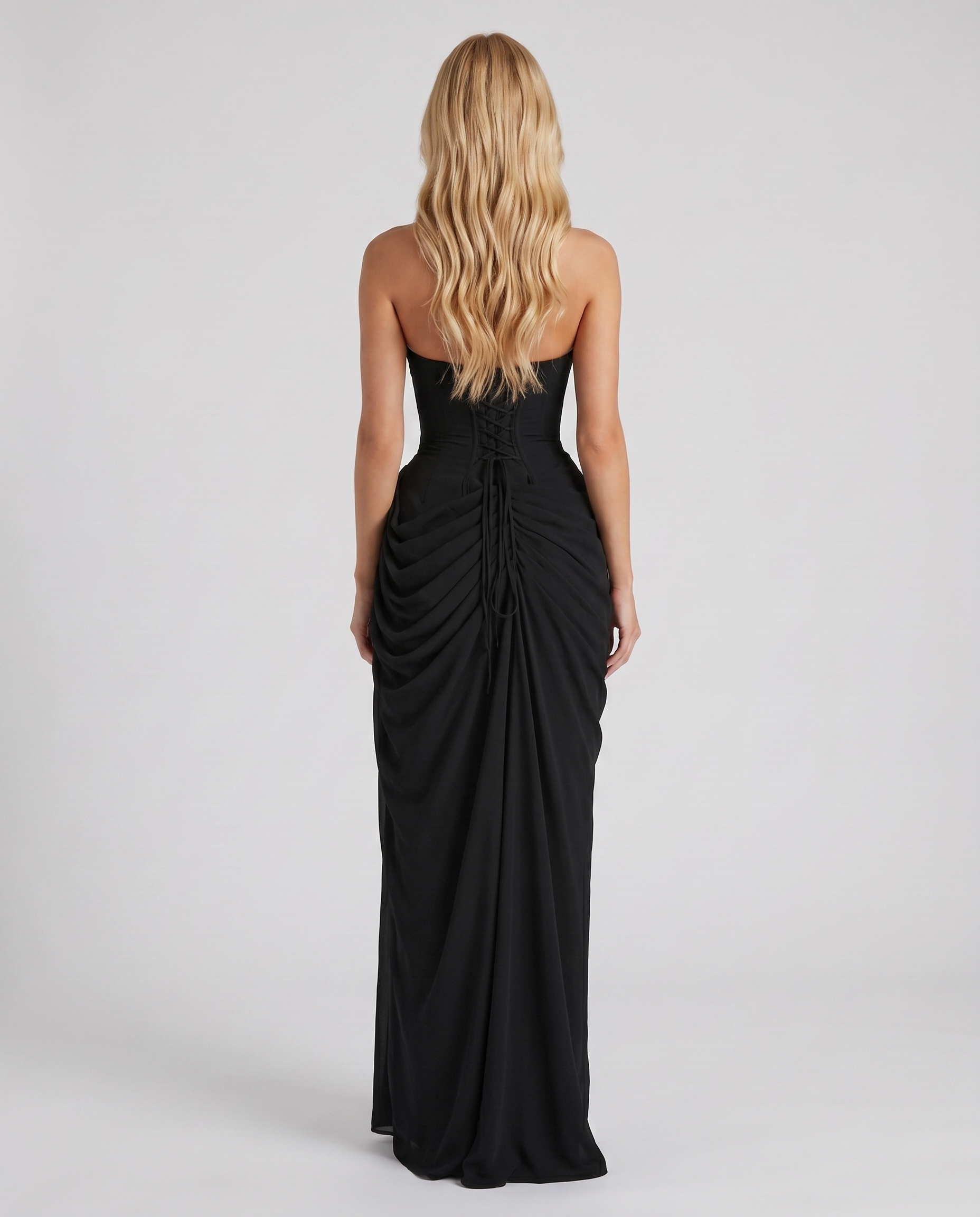 Women's black sloane strapless maxi dress, detail view