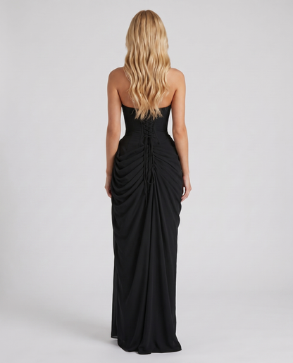 Women's black sloane strapless maxi dress, detail view