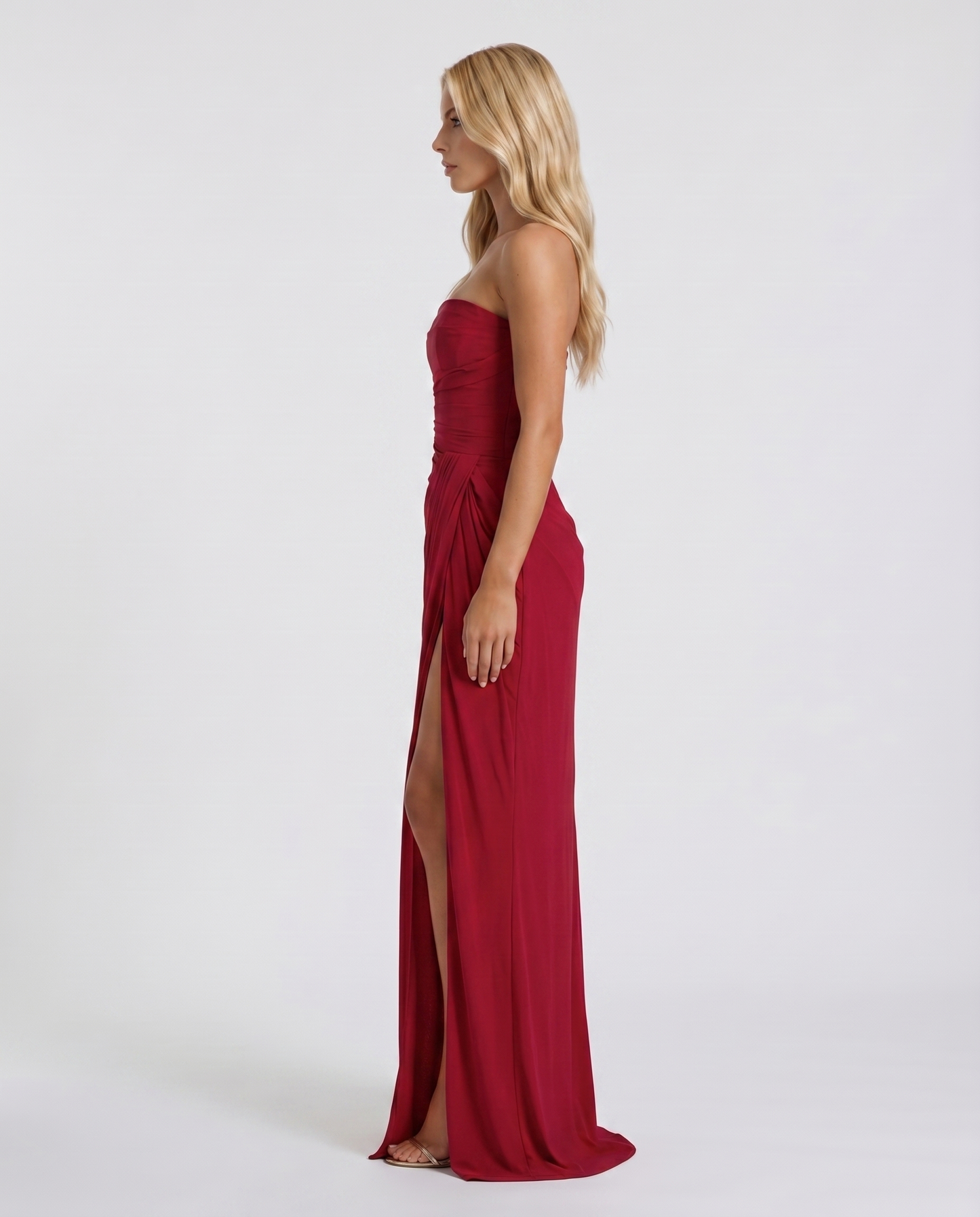 Women's red sloane strapless maxi dress, side view