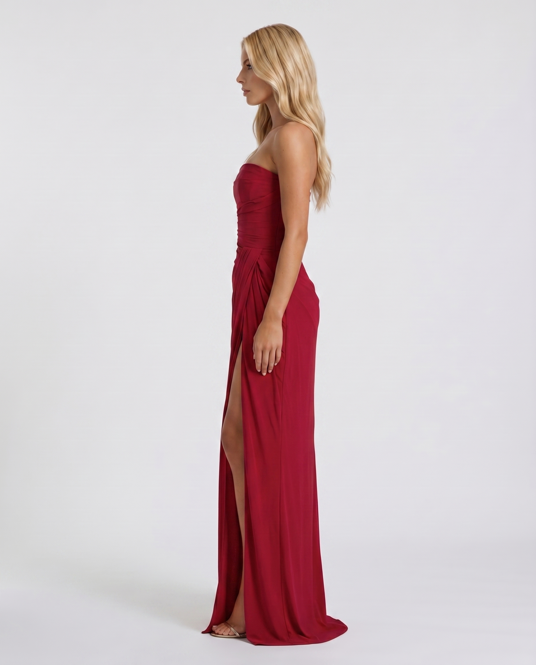 Women's red sloane strapless maxi dress, side view