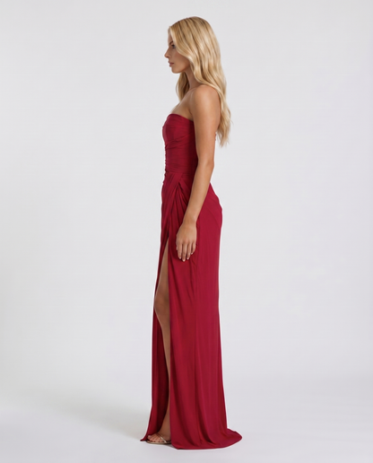 Women's red sloane strapless maxi dress, side view
