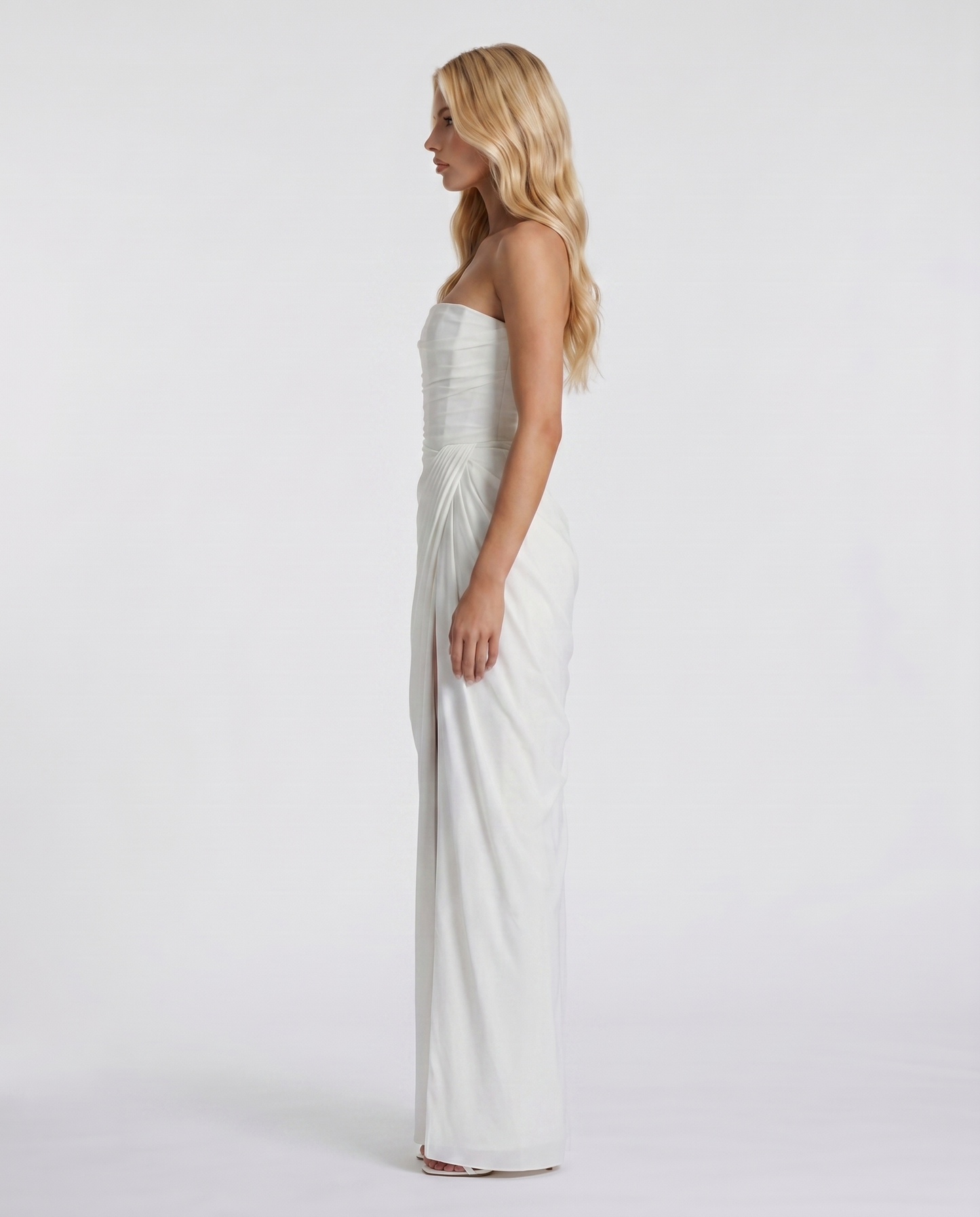 Women's white sloane strapless maxi dress, side view